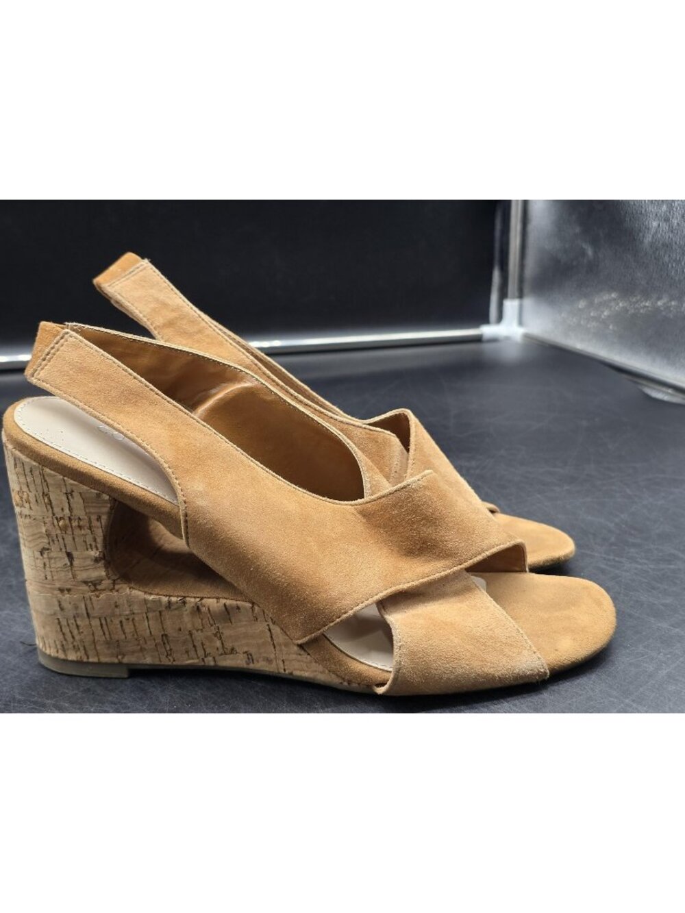 COM & SENS Sandals Womens Size 7.5 Brown Suede Cork Wedge Slingback Shoes